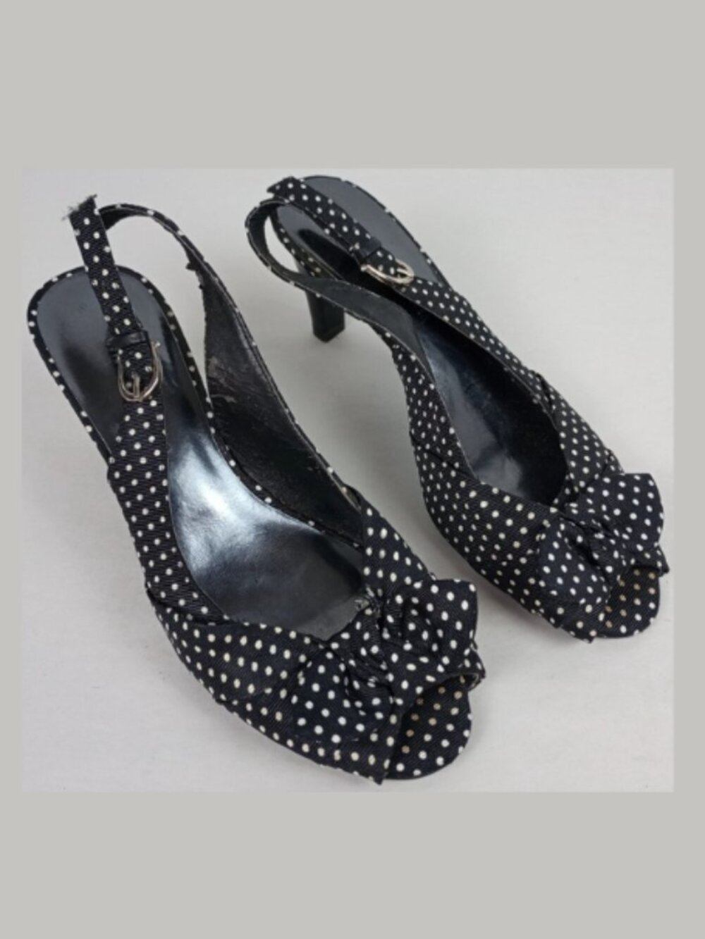Etienne Aigner Womens 5.5M Black White Polka Dot Sling Back Peep Toe Heel Shoes